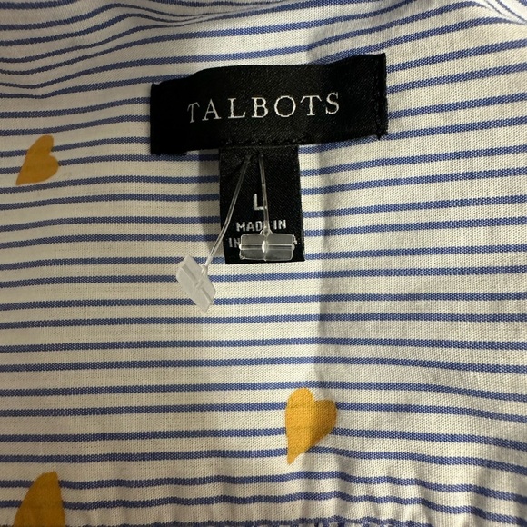Talbots Heart & Stripe Ruffle Band Collar Cotton Poplin Button Down Top L - Picture 5 of 8